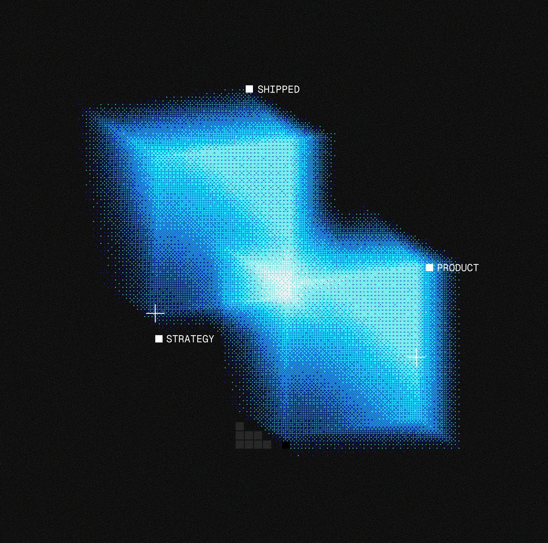 Dithered blue blocks charting a path between strategy, product and shipped.